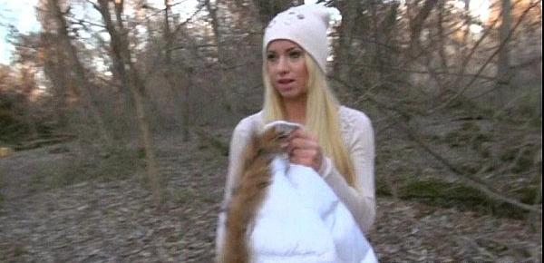 Amateur blonde Kiara flashes boobs and fucked in the woods